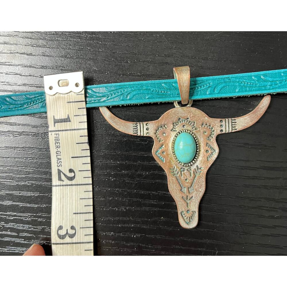 Handmade Western/Cowgirl Style Tooled Leather Choker with Cow Skull Pendant - Picture 5 of 6